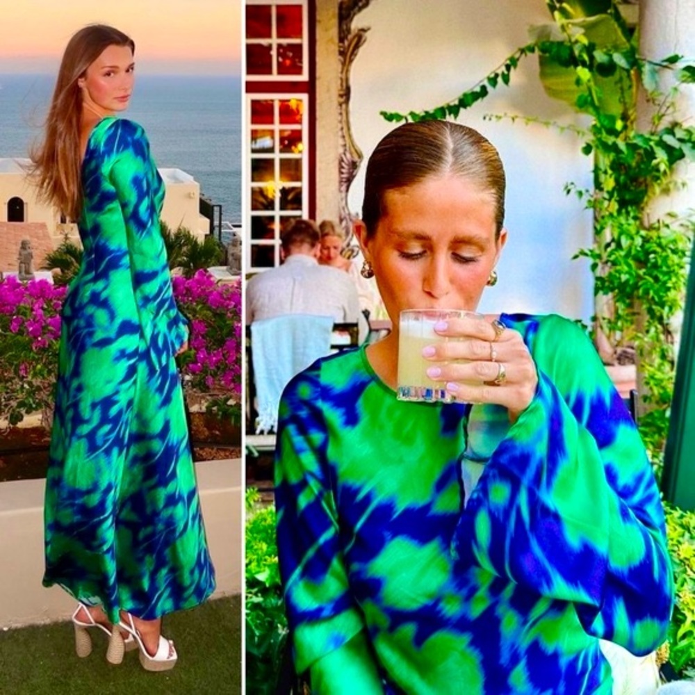 Wolf Gang Calypso Dress – Green Blue Psychedelic Maxi, Medium, 70s Vibe Gown M